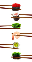 Collage of different sushi rolls and shrimp on white background