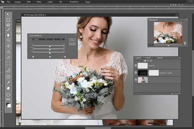 Image of Professional photo editor application.  beautiful bride with wedding bouquet