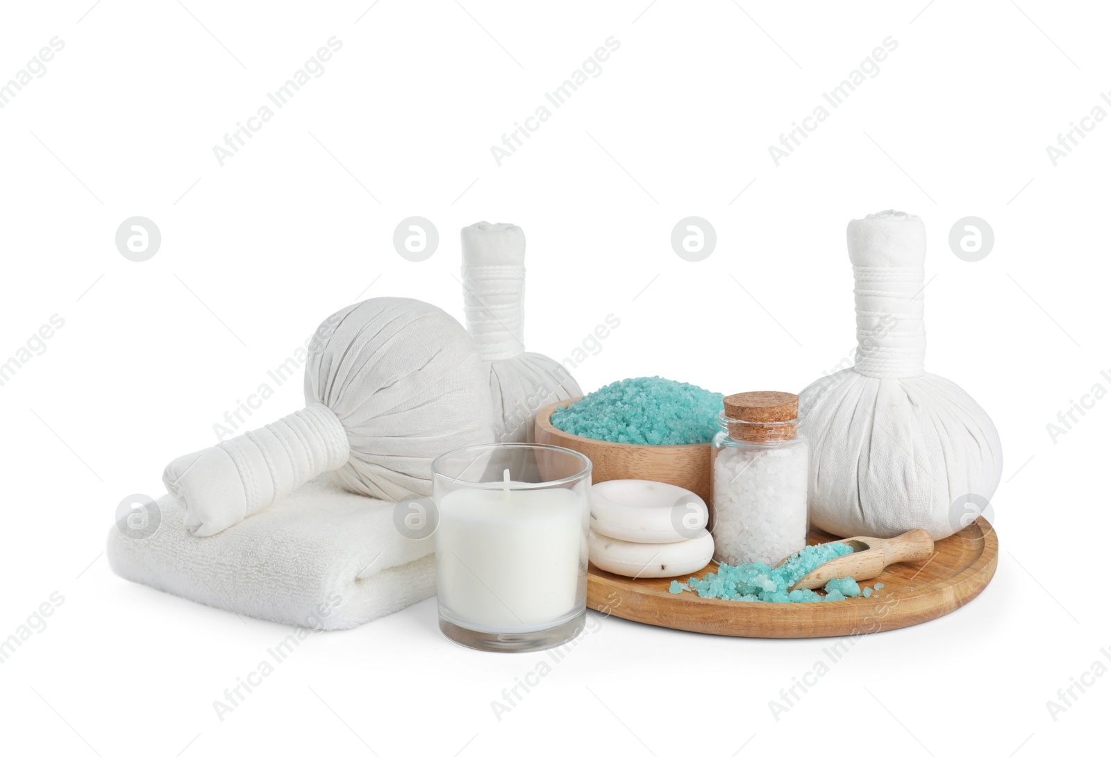 Photo of Beautiful composition with different spa products on white background