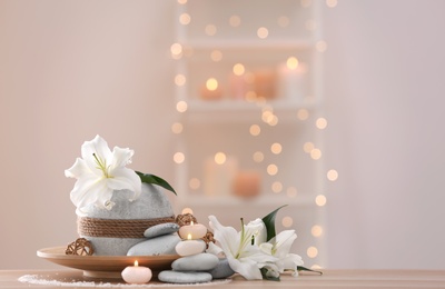 Photo of Beautiful spa composition on table in wellness center