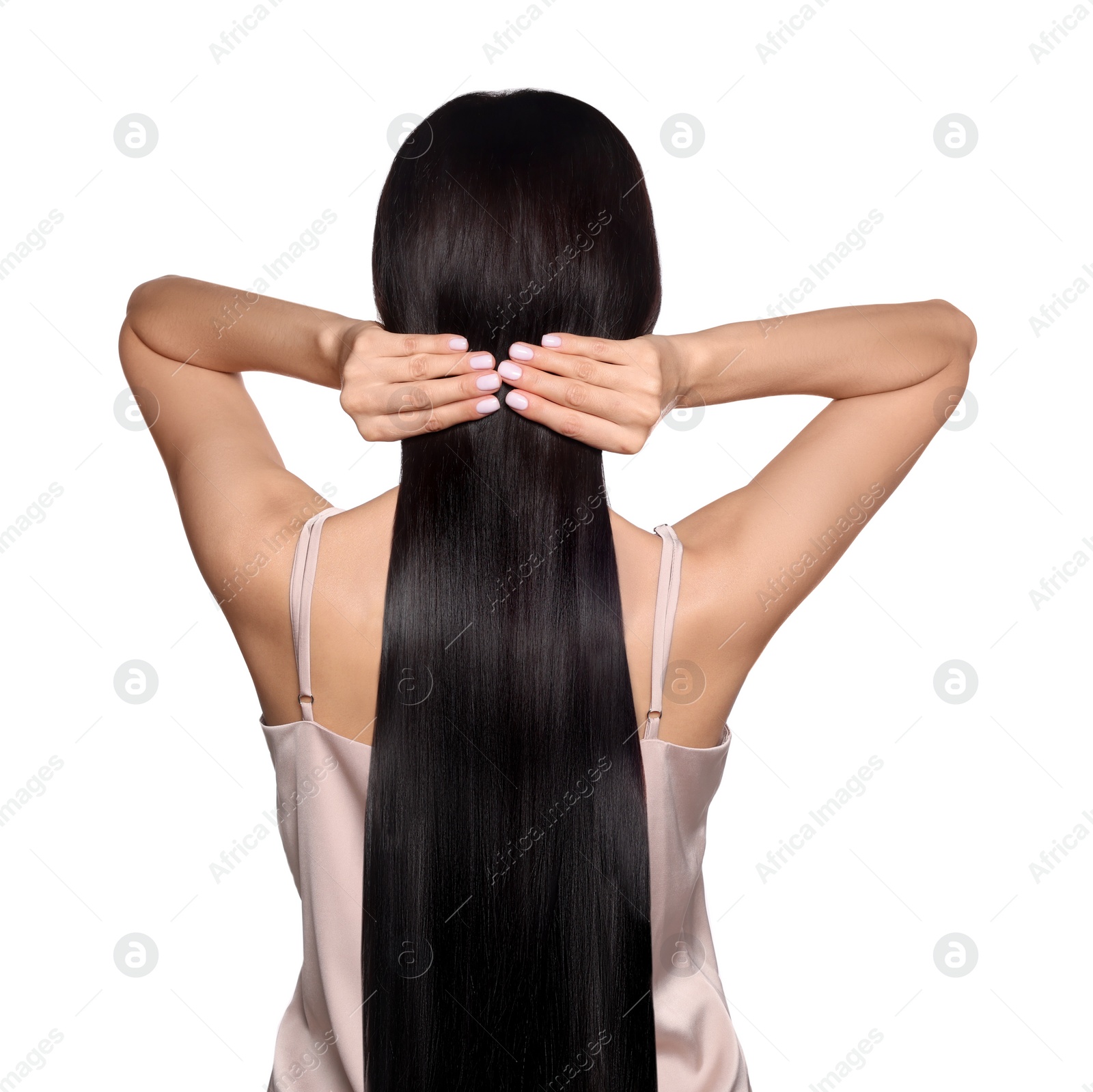 Photo of Woman with strong healthy hair on white background, back view