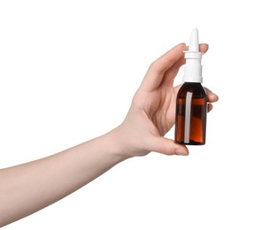 Photo of Woman holding nasal spray on white background, closeup