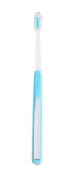 Photo of Light blue plastic toothbrush isolated on white