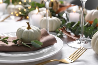 Photo of Beautiful autumn table setting, pumpkin and eucalyptus branch, closeup