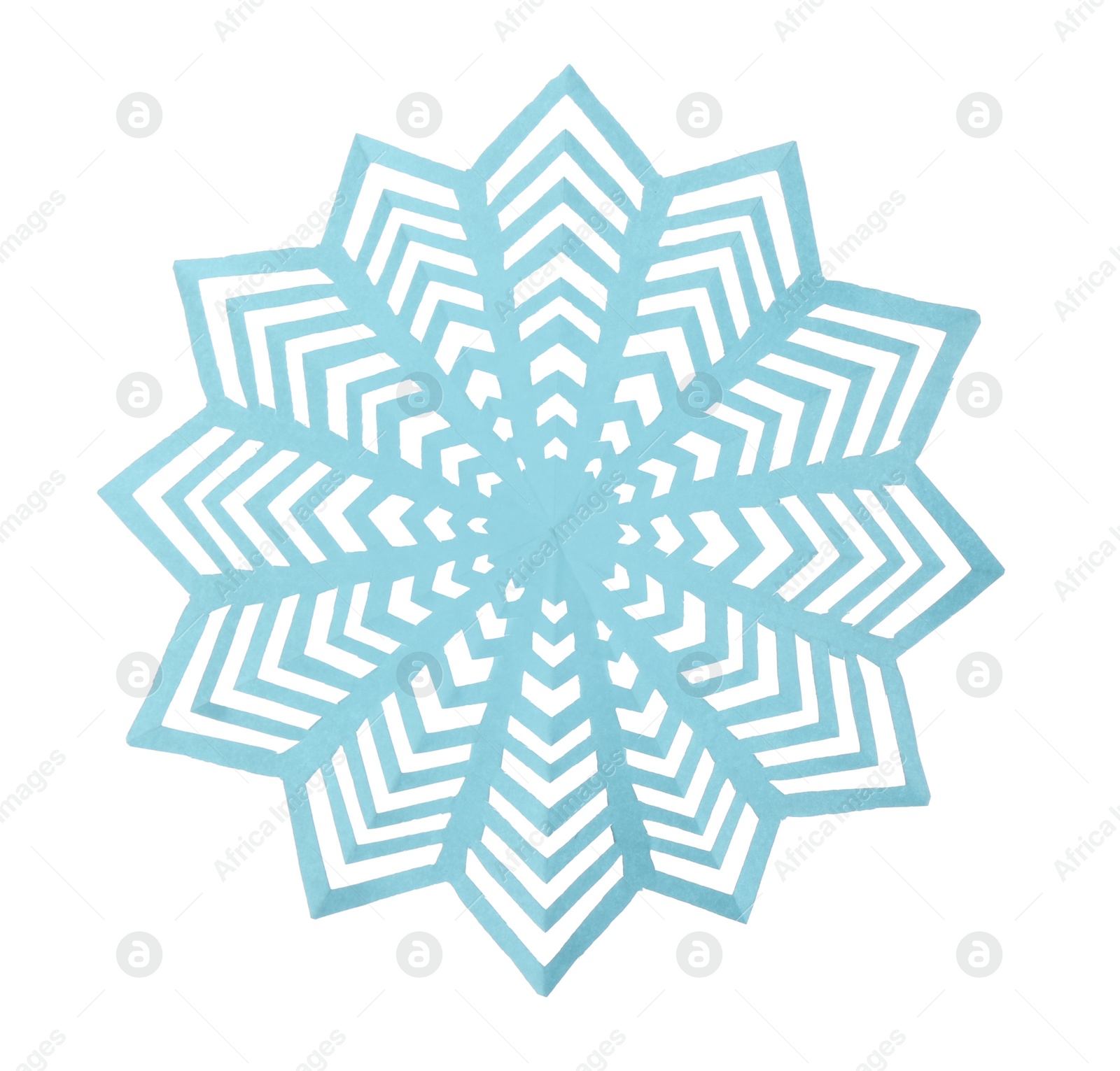 Photo of Beautiful light blue paper snowflake isolated on white