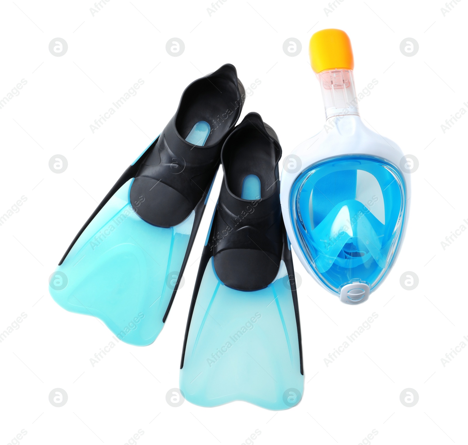 Photo of Pair of flippers and diving mask on white background, top view