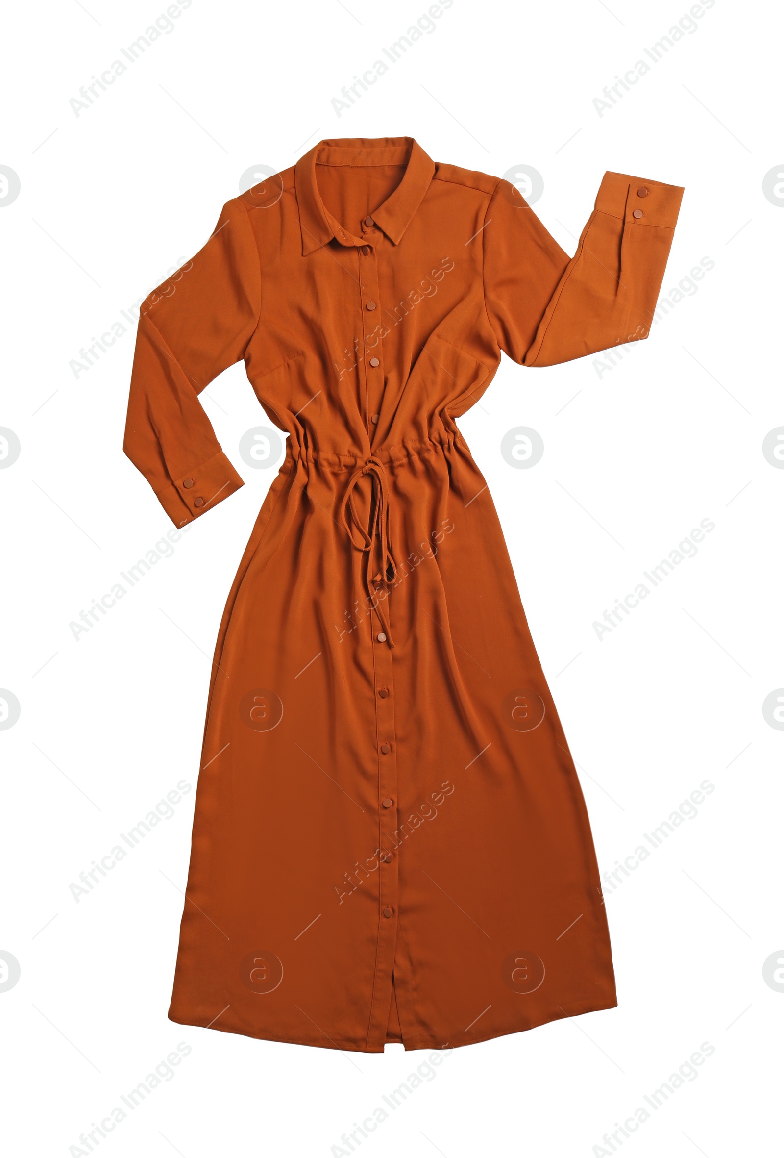 Photo of Long brown dress isolated on white, top view