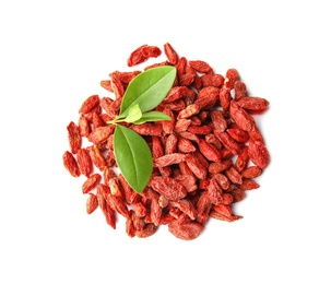 Photo of Pile of dried goji berries and leaves on white background, top view