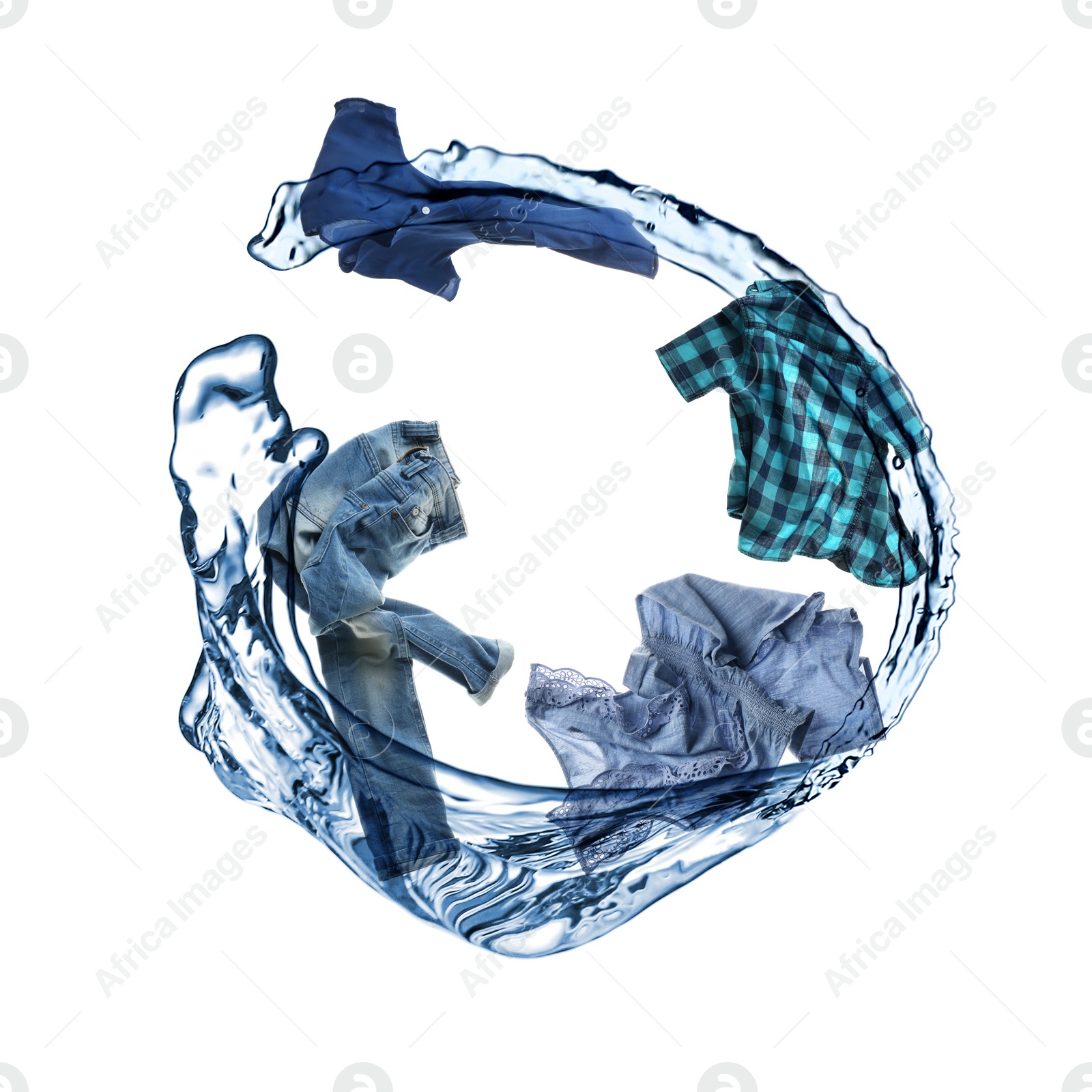 Image of Water splash with different clothes isolated on white