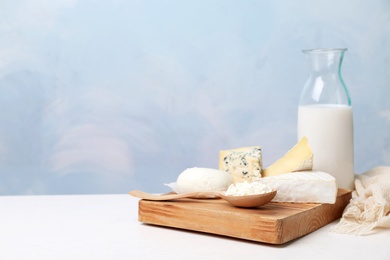 Different dairy products on table