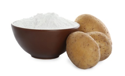 Bowl with starch and fresh potatoes on white background