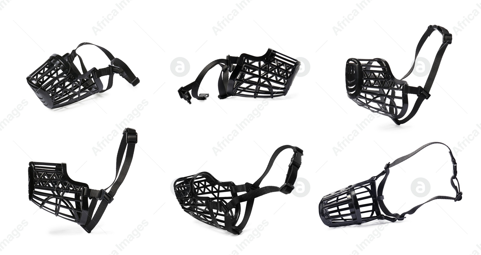 Image of Collage with black plastic dog muzzle on white background, different sides
