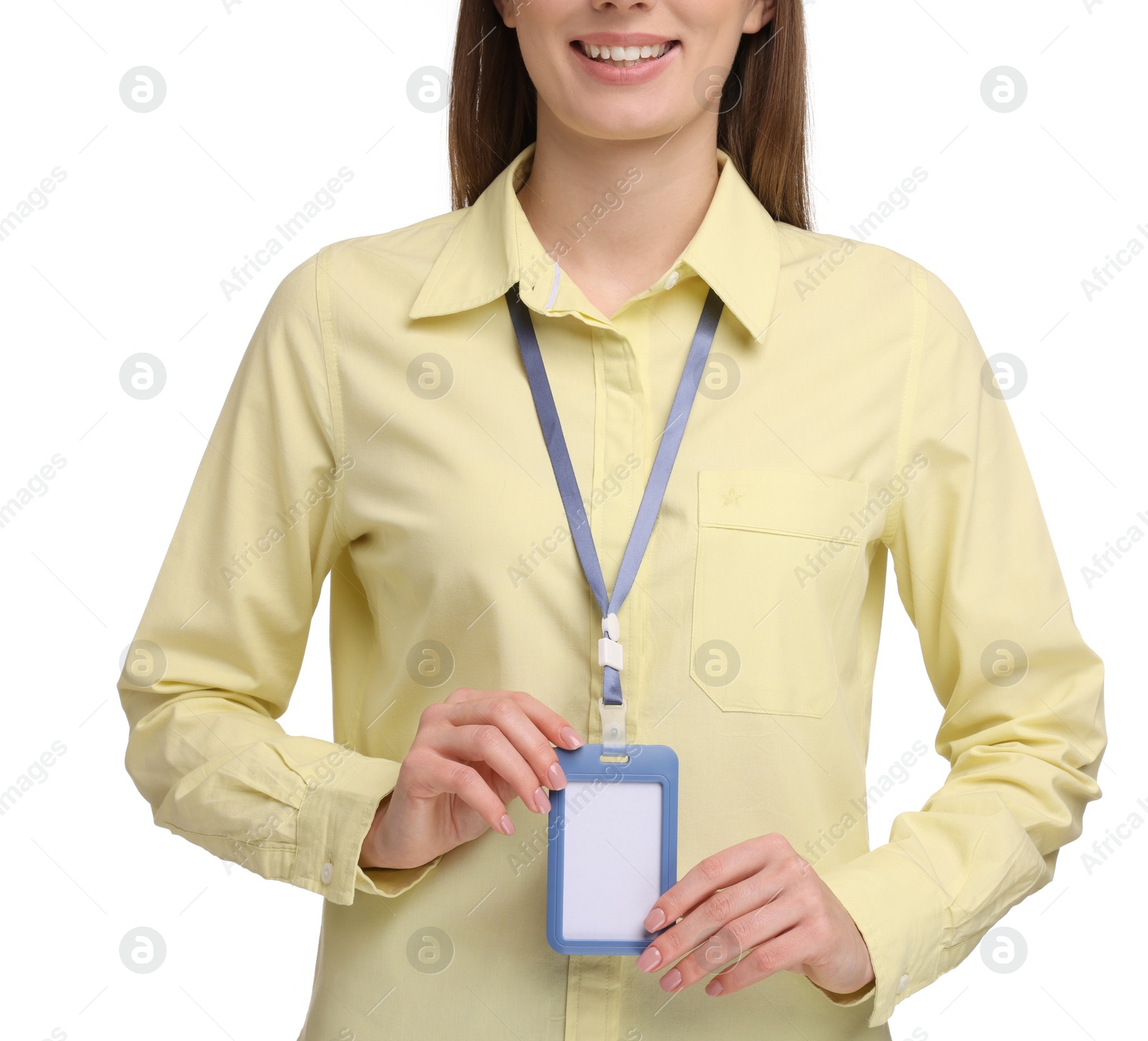 Photo of Woman with blank badge on white background, closeup