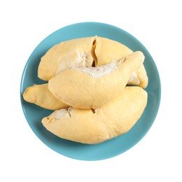 Plate with fresh ripe durian pieces isolated on white, top view