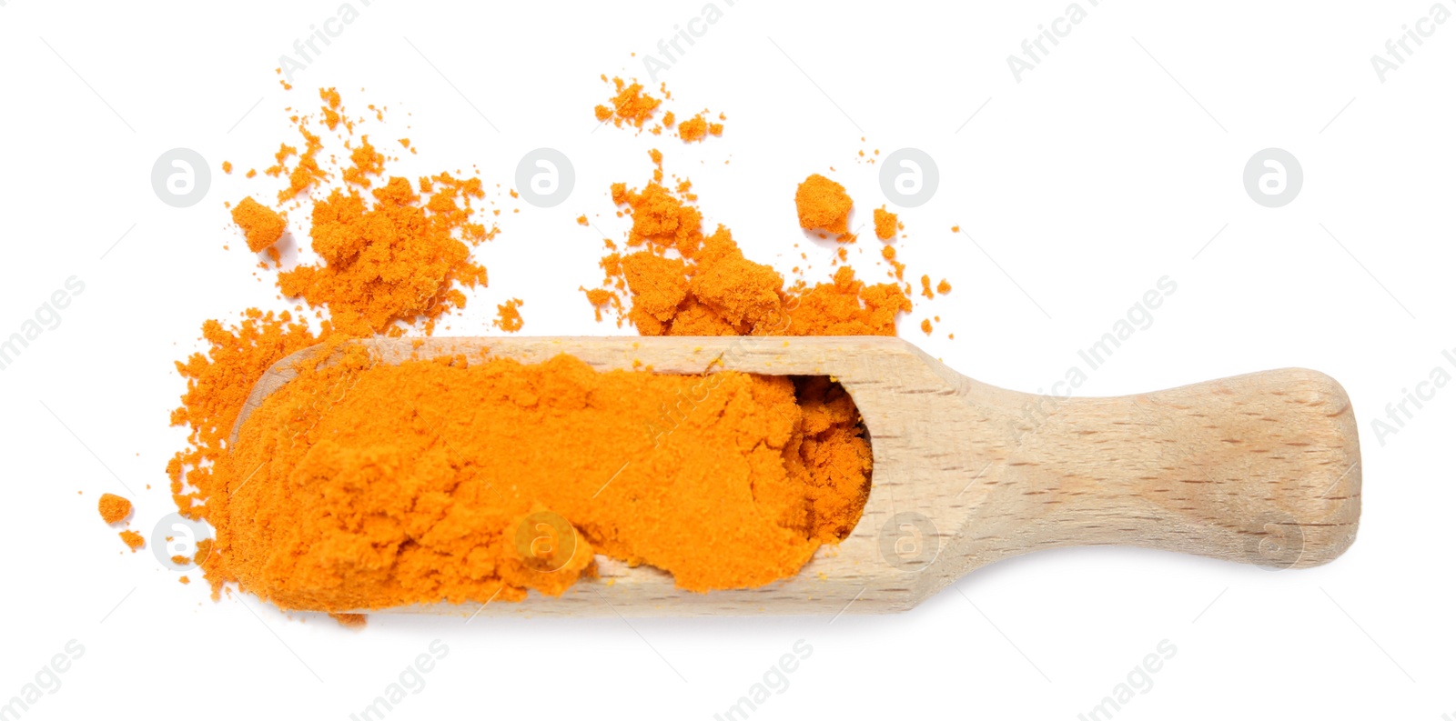 Photo of Wooden scoop with saffron powder on white background, top view