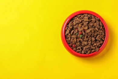 Bowl with food for cat or dog on color background. Pet care