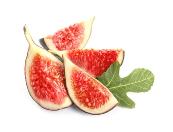 Pieces of ripe purple fig on white background