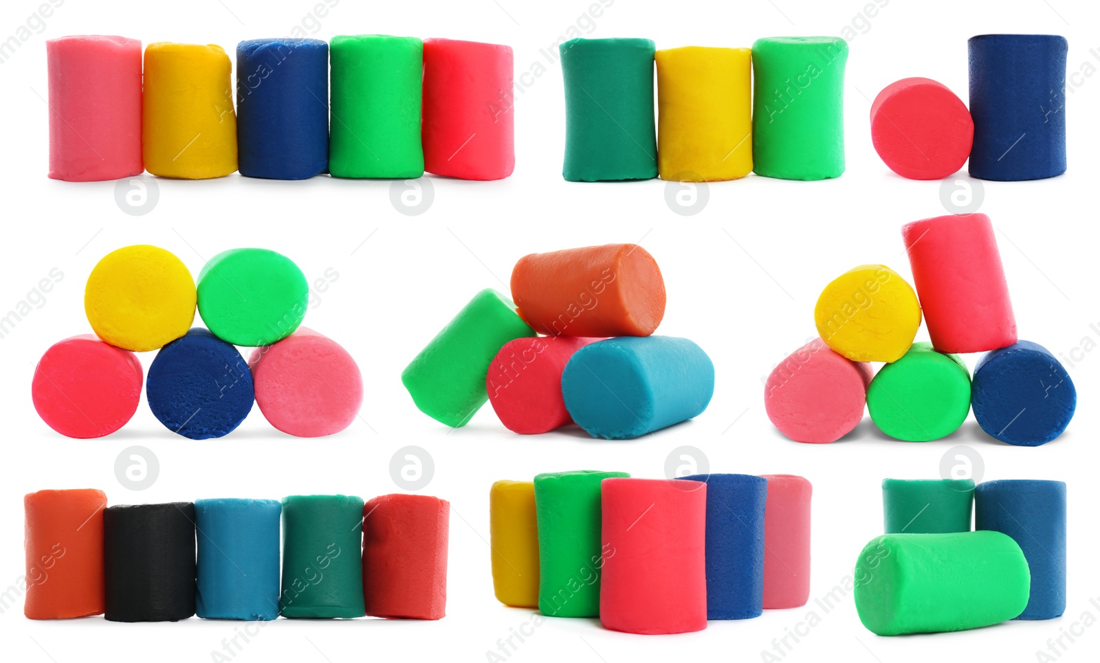 Image of Set with different colorful play dough on white background