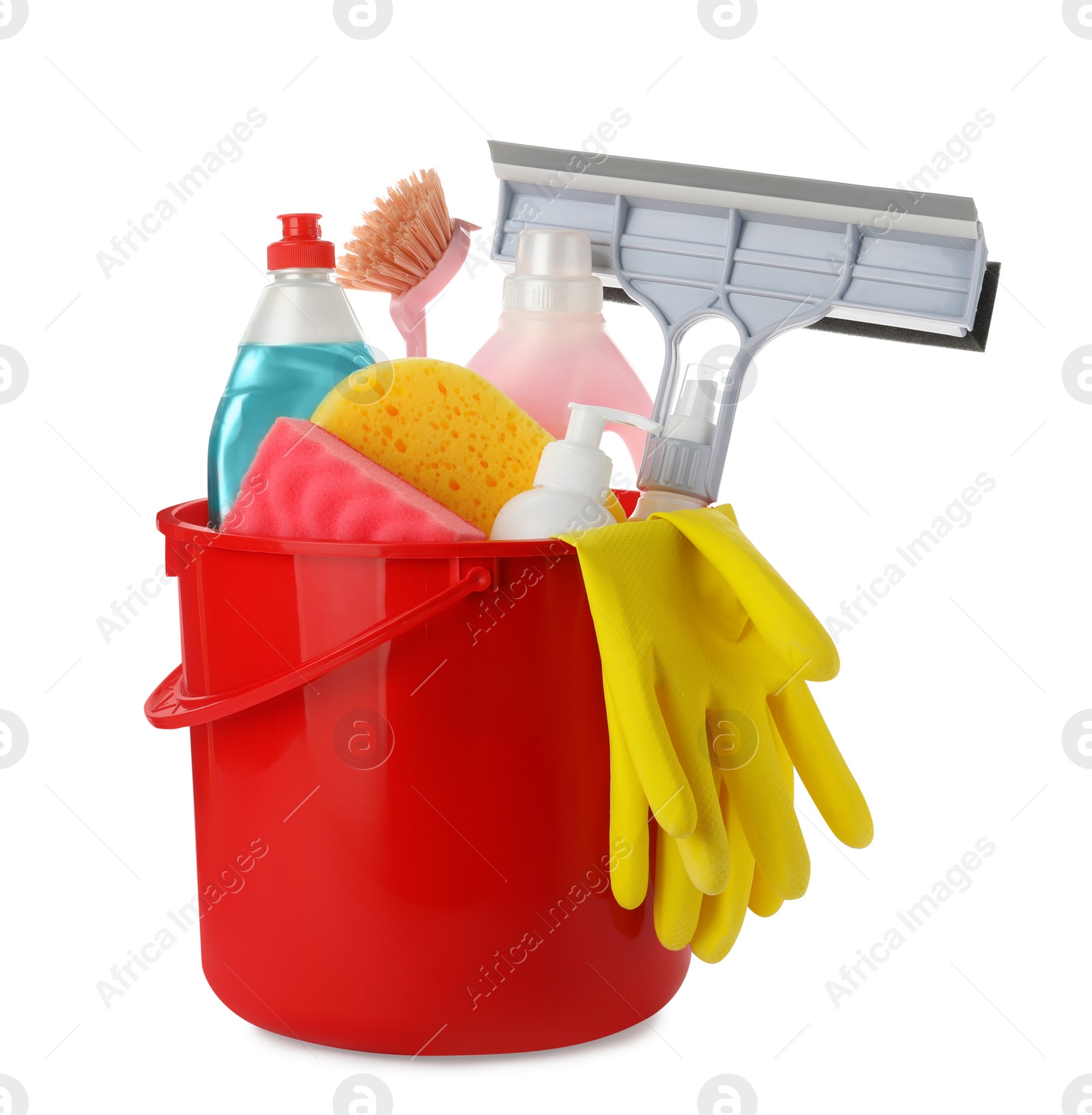 Photo of Red plastic bucket with cleaning supplies and tools isolated on white