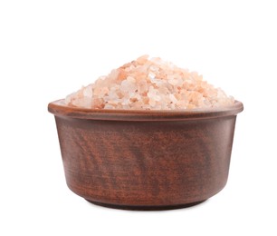 Photo of Pink Himalayan salt in bowl isolated on white