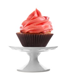 Photo of Delicious cupcake with pink cream isolated on white