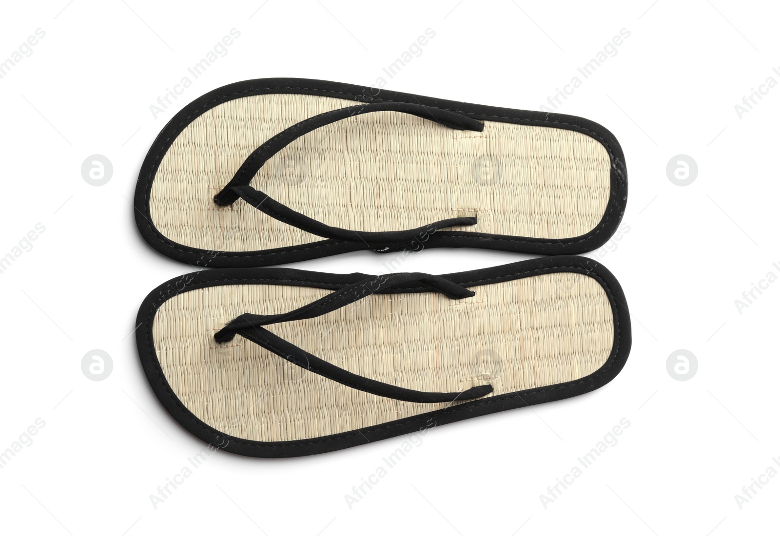 Photo of Pair of stylish flip flops on white background, top view