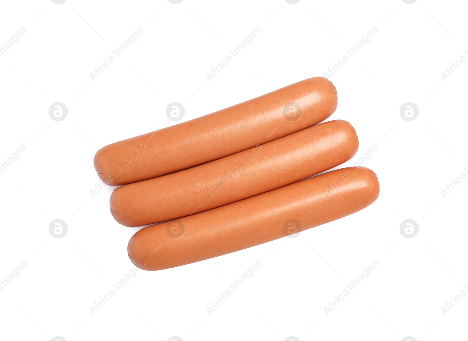 Photo of Fresh raw sausages isolated on white, top view. Ingredients for hot dogs