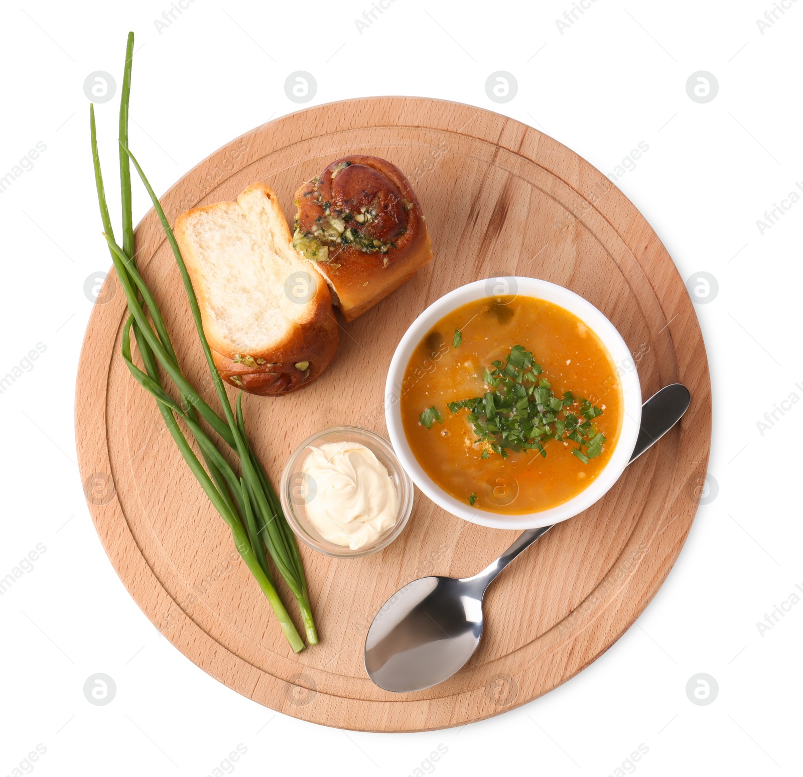 Photo of Delicious borsch served with pampushky isolated on white, top view. Traditional Ukrainian cuisine