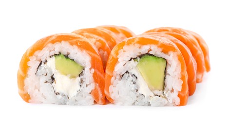 Photo of Delicious sushi rolls with salmon on white background