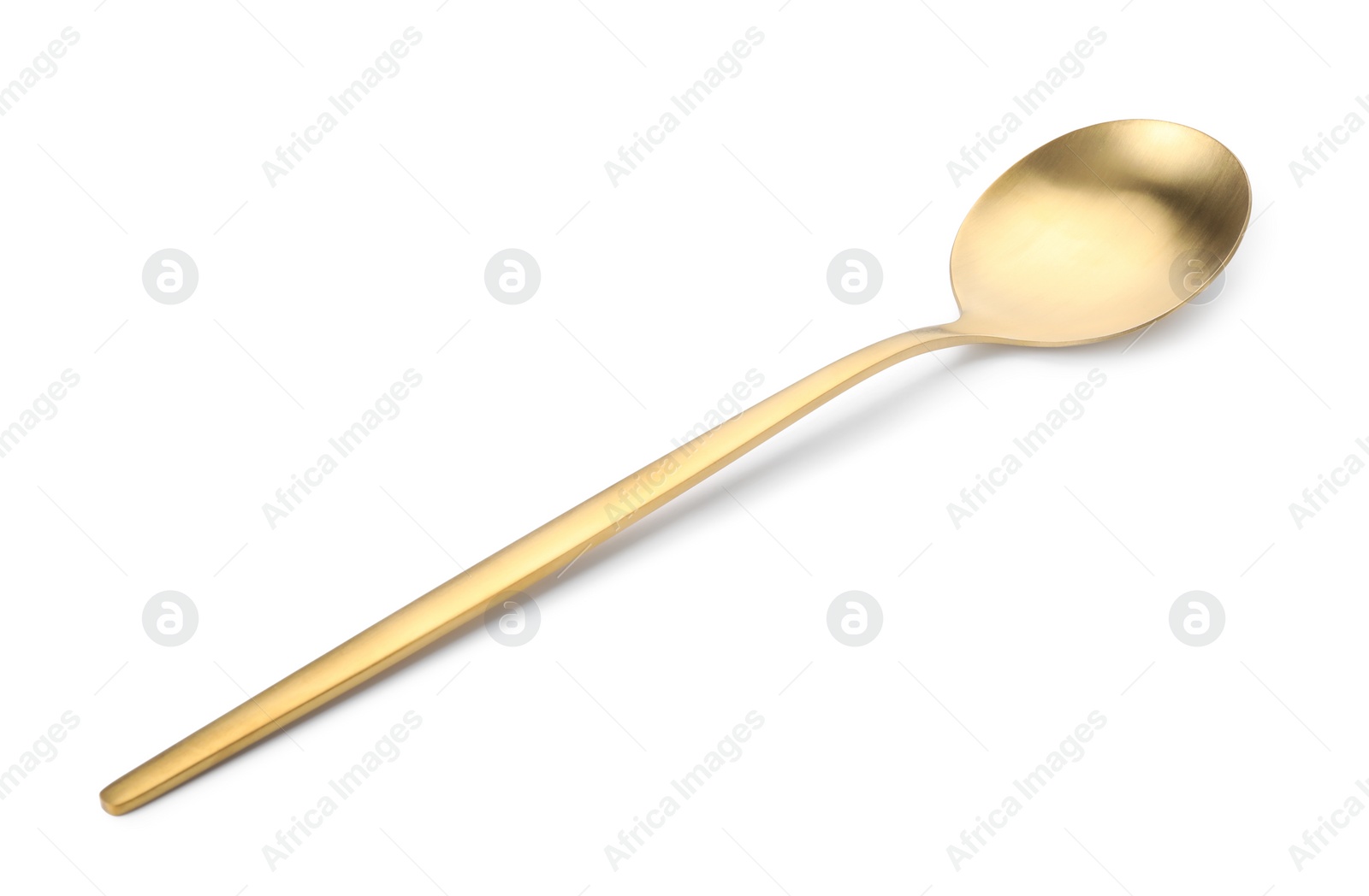 Photo of One shiny golden spoon isolated on white