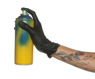 Woman holding used can of spray paint on white background, closeup