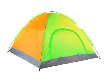 Photo of Colorful tourist tent on white background
