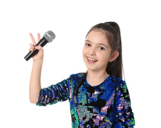 Photo of Little girl with microphone on white background