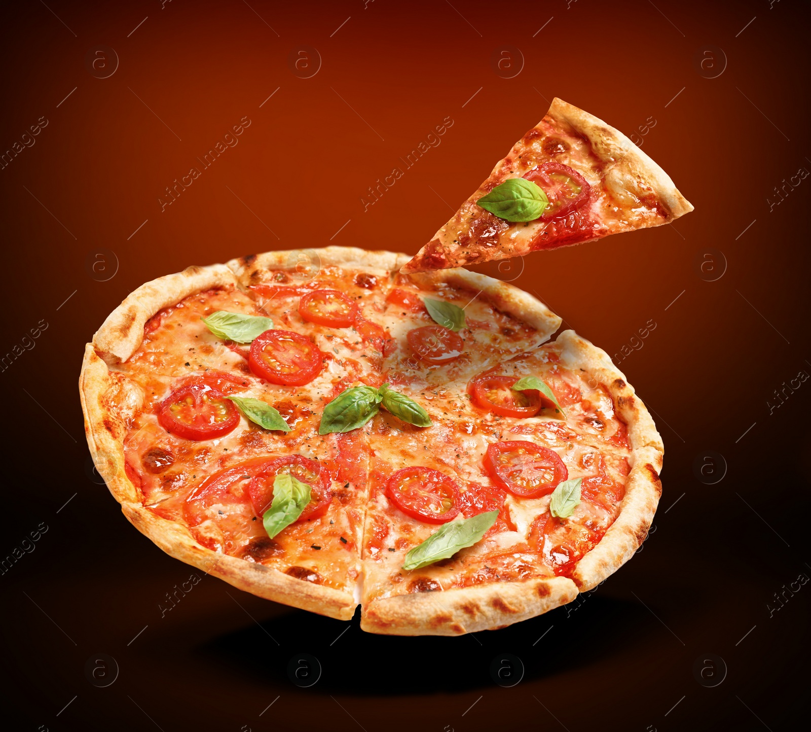 Image of Hot tasty pizza Margherita on dark background. Image for menu or poster