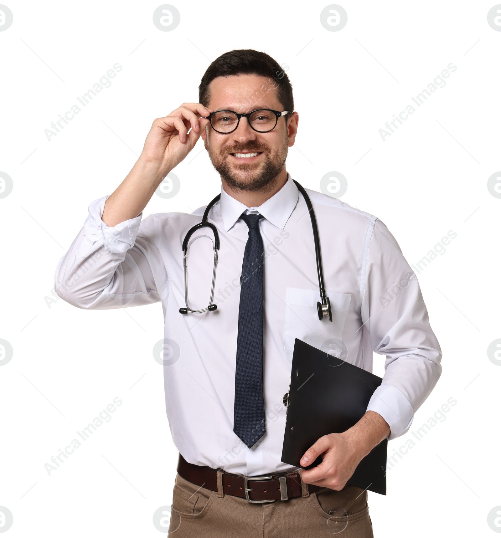 Photo of Portrait of happy doctor with stethoscope and clipboard on white background