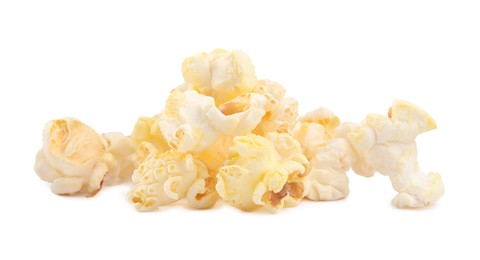 Photo of Fresh popcorn isolated on white. Tasty snack