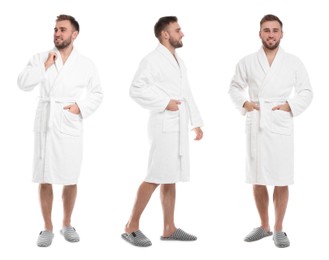 Image of Man wearing bathrobe on white background, collage 