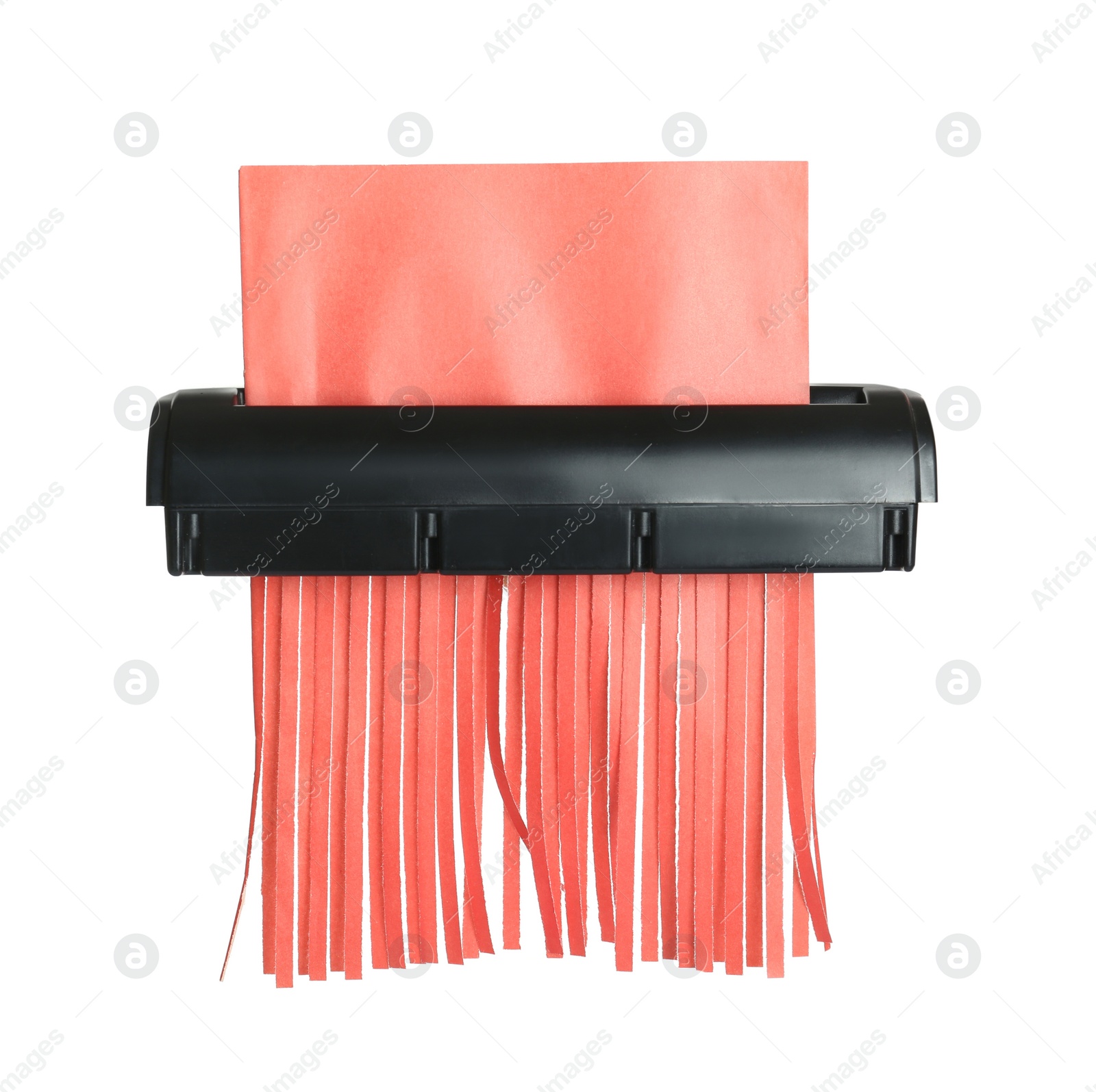 Photo of Destroying sheet of red paper with shredder on white background