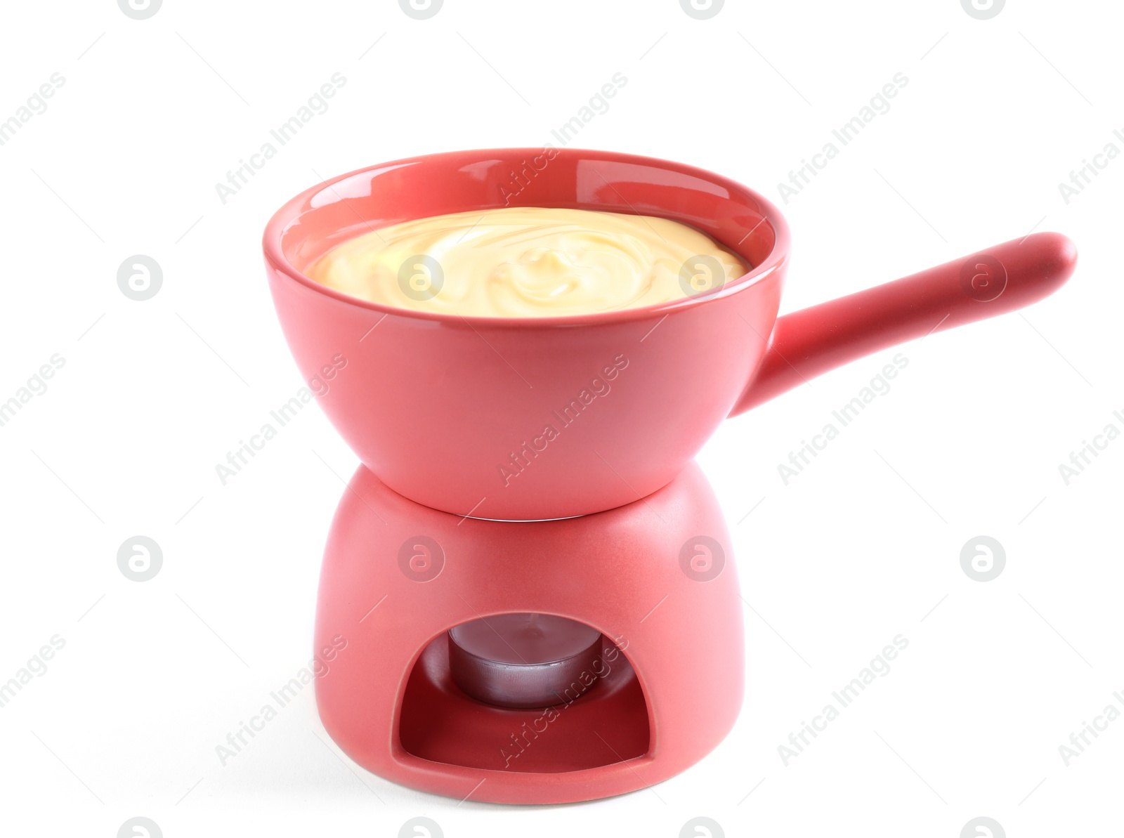 Photo of Pot with delicious cheese fondue on white background