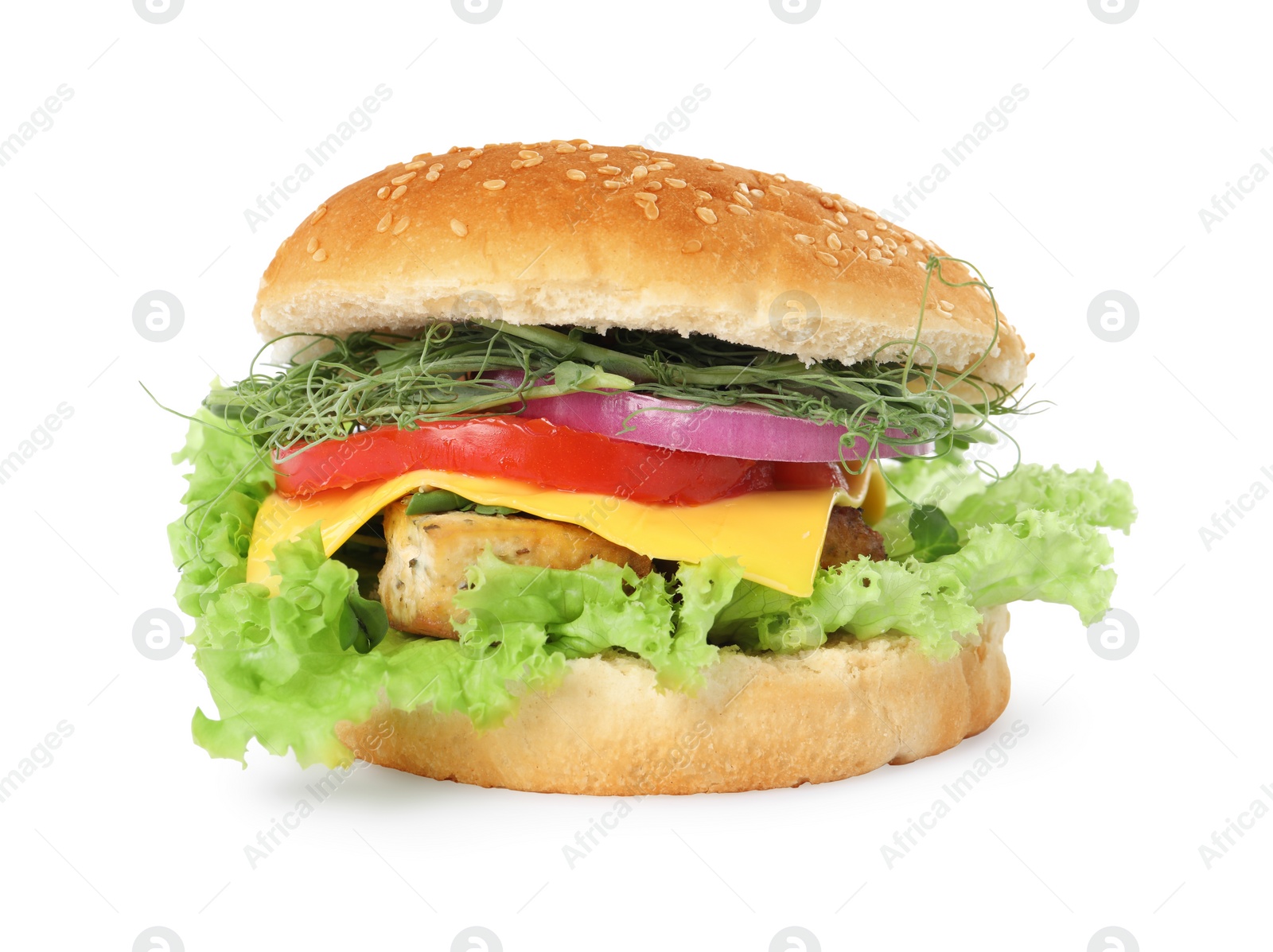 Photo of Delicious burger with tofu and fresh vegetables isolated on white