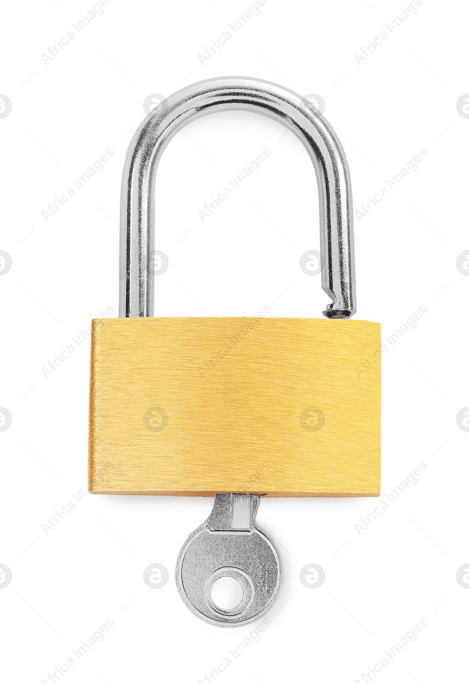 Photo of Steel padlock and key isolated on white, top view