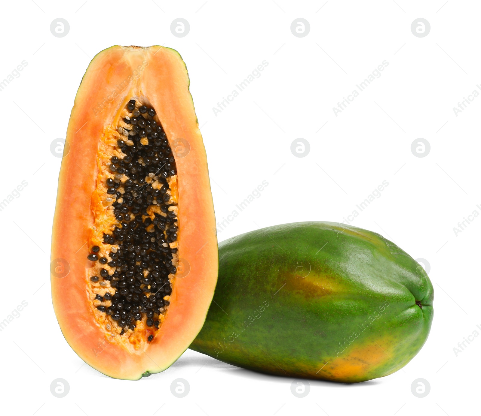 Photo of Fresh juicy ripe papayas on white background