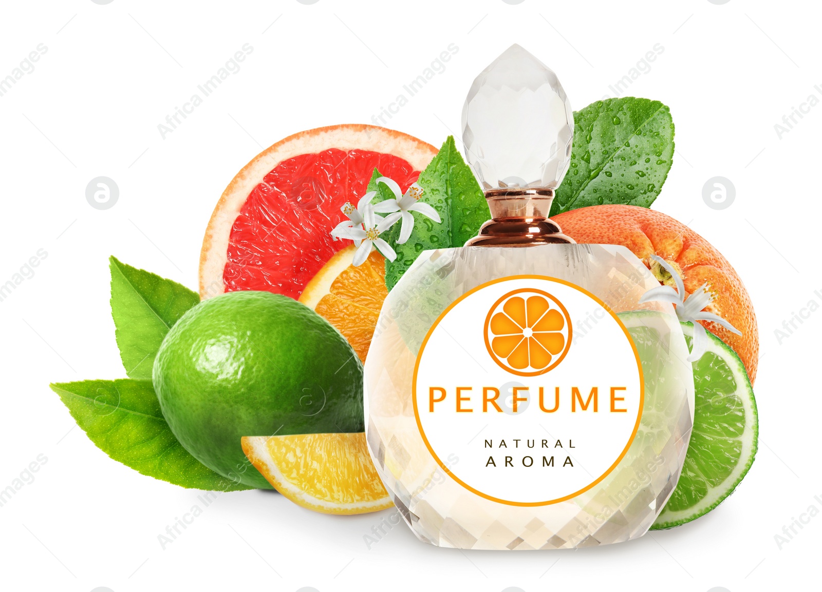 Image of Bottle of perfume with citrus scent on white background