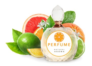 Image of Bottle of perfume with citrus scent on white background