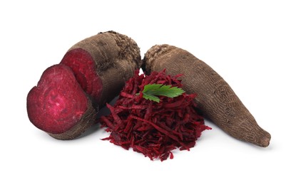 Photo of Whole, cut and grated red beets isolated on white
