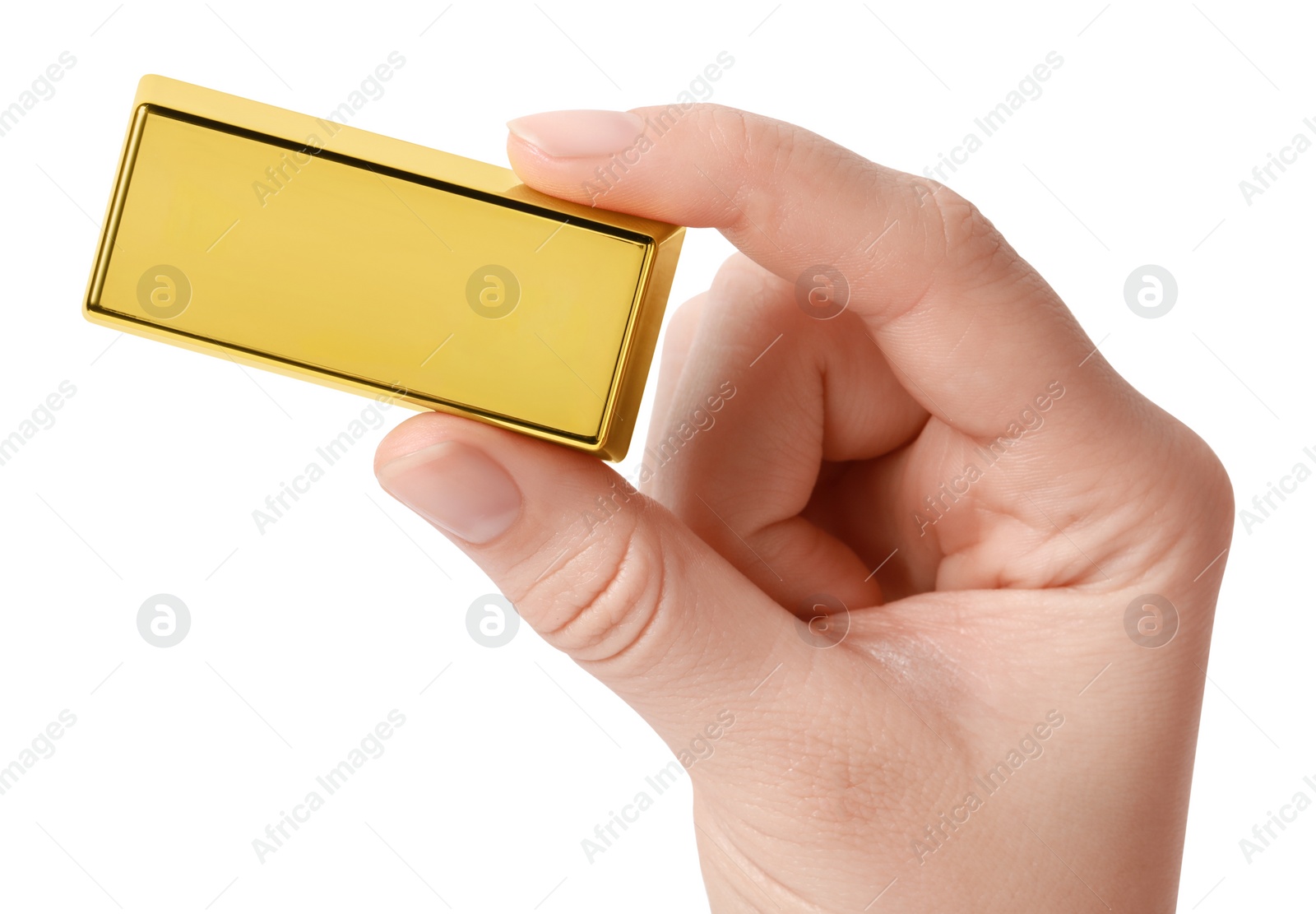 Photo of Woman holding gold bar on white background, closeup