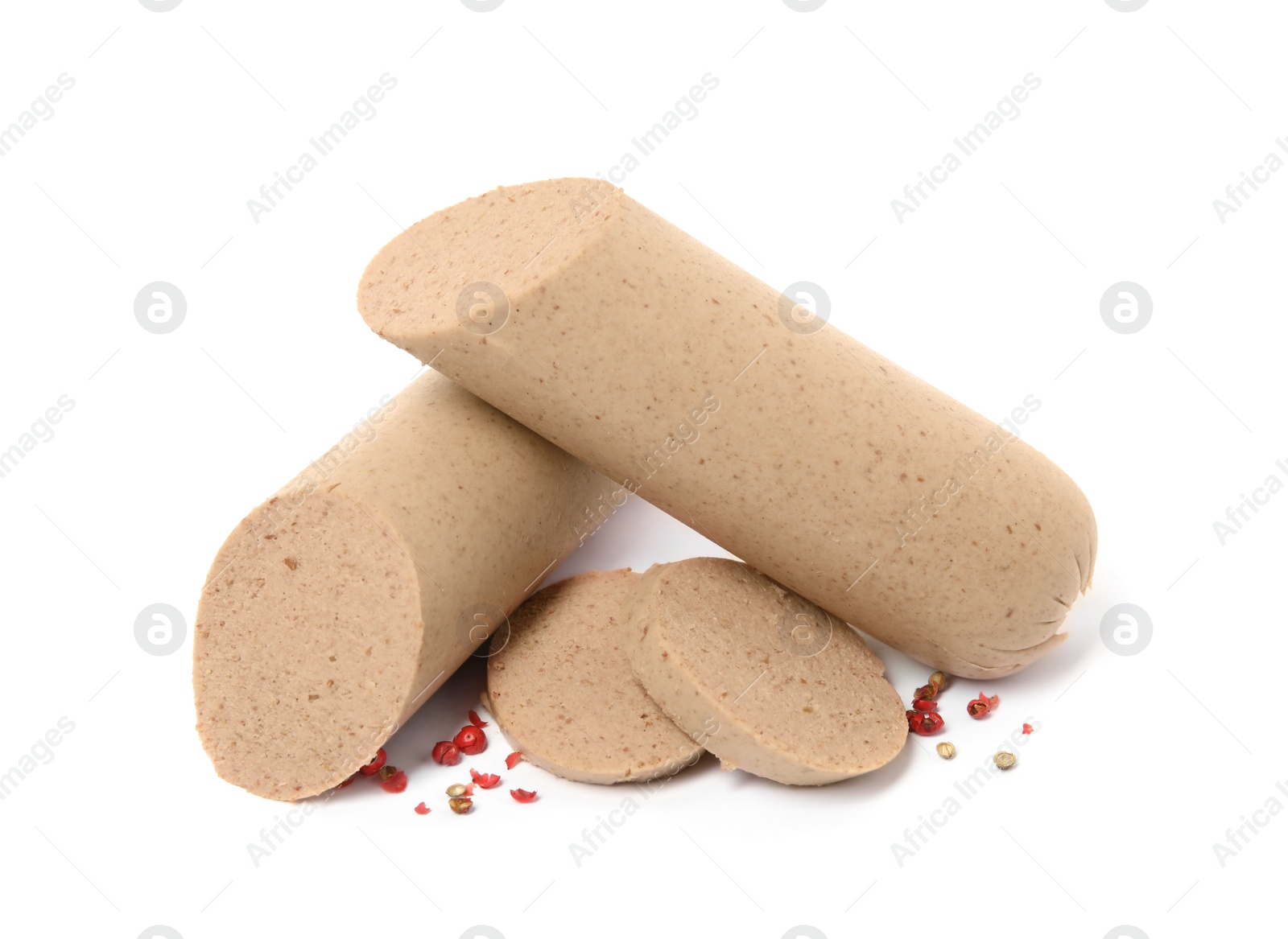 Photo of Delicious liverwurst with spices on white background