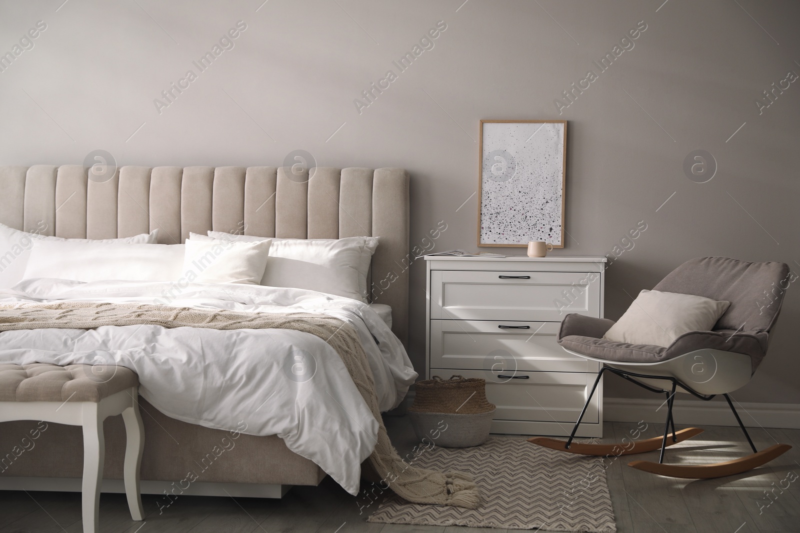 Photo of Comfortable bed with clean white linens indoors