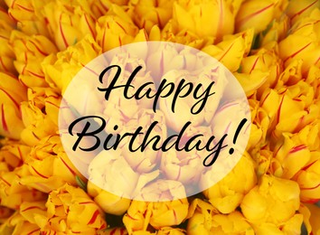 Happy Birthday! Fresh yellow tulips as background, top view