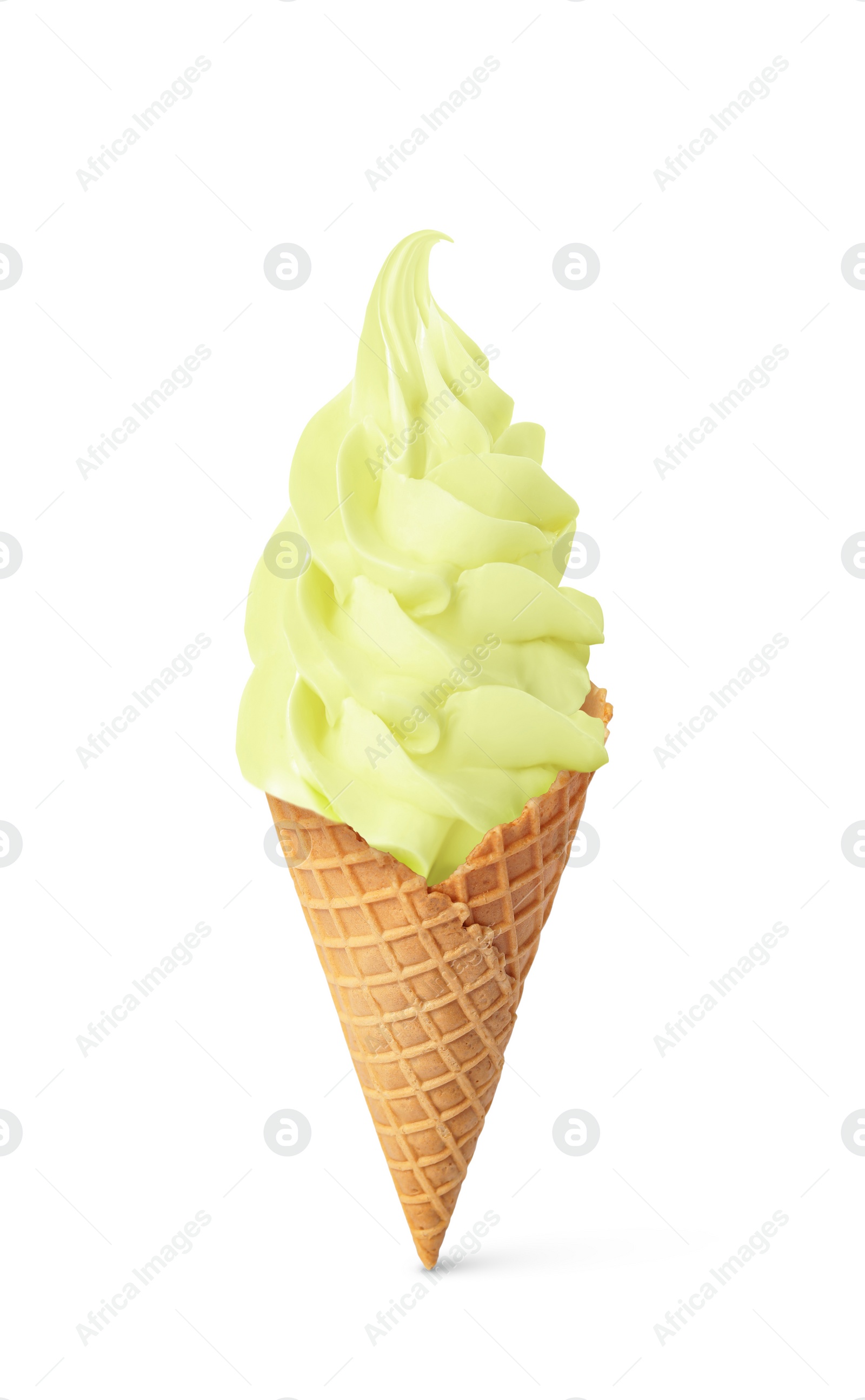 Image of Delicious soft serve ice cream in crispy cone isolated on white